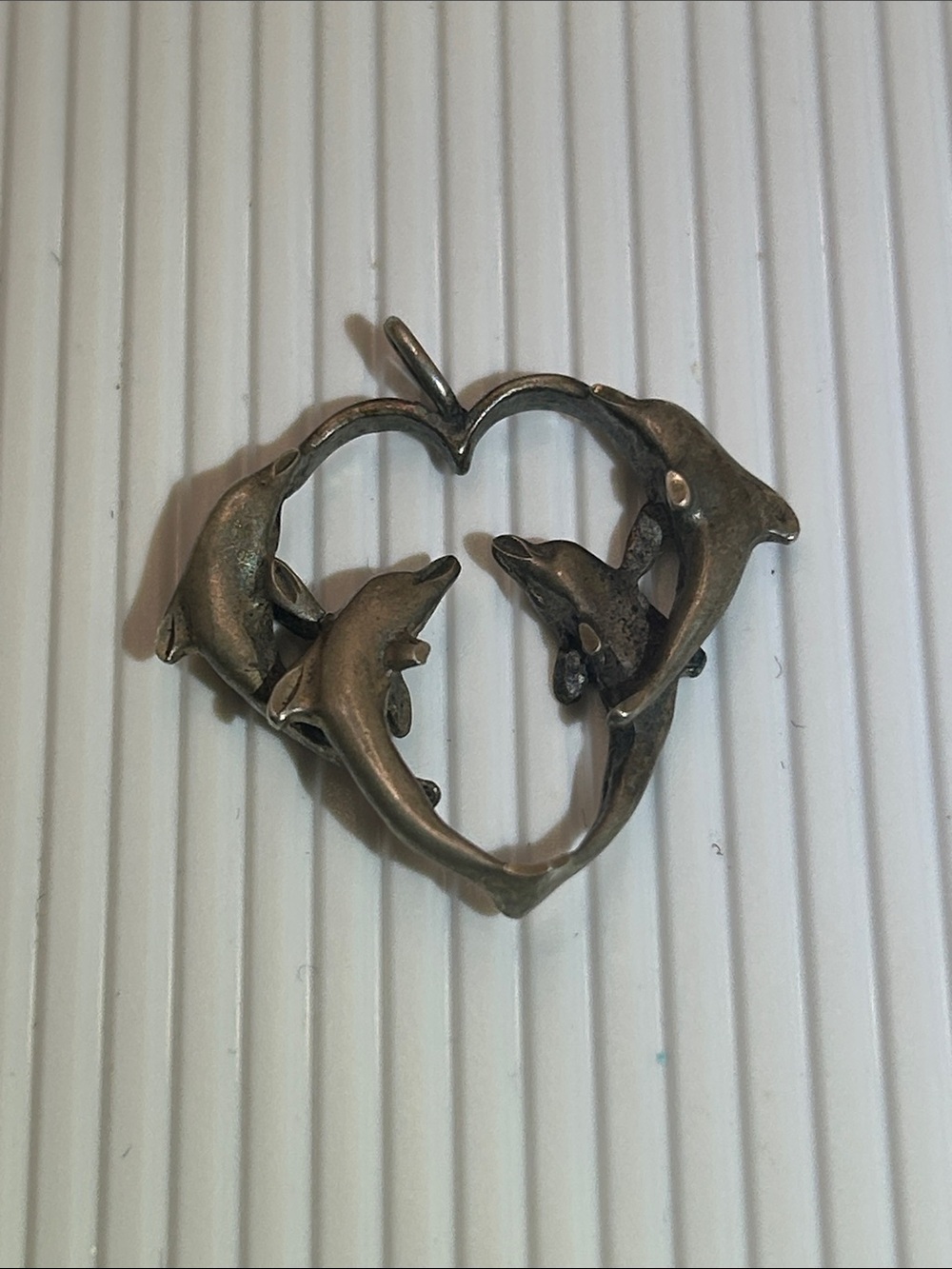 Vintage Sterling Dolphin Heart Pendant Necklace - Sterling Silver
